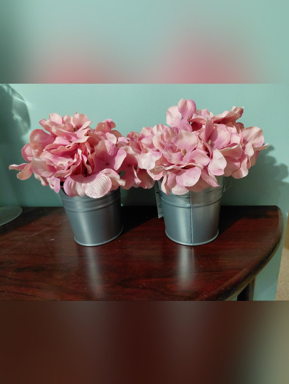 Pink Faux Hydrangea Pair in Silver Metal Pots Set Of 2